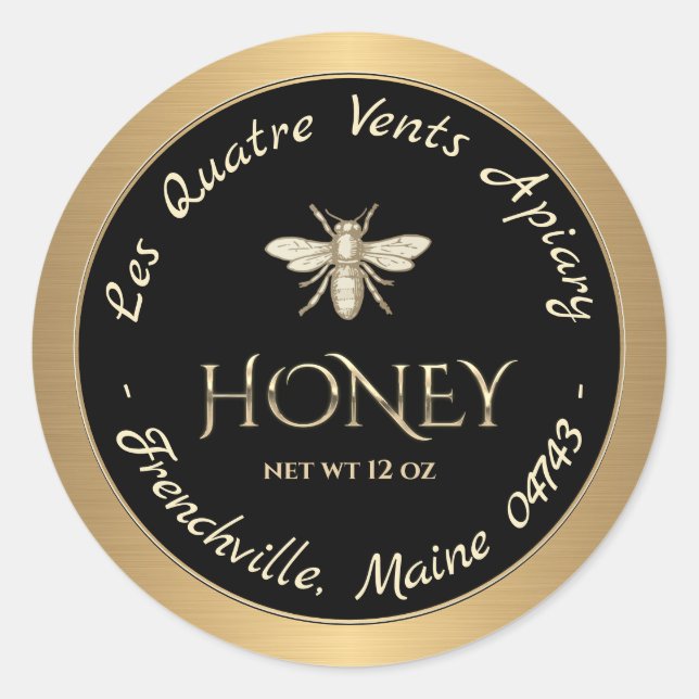 Heraldic Bee Gold Border Black Honey Label (Front)