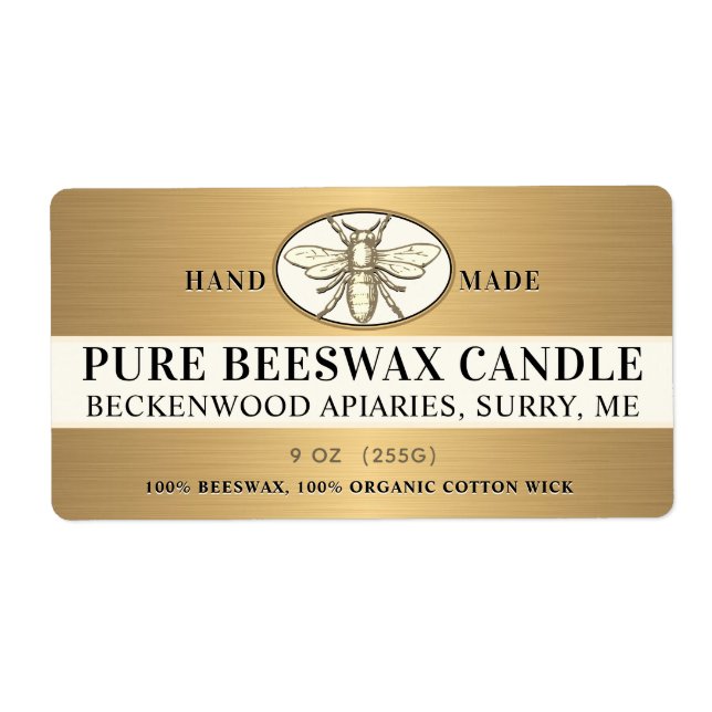 Heraldic Bee Metallic Gold Beeswax Candle Label    (Front)
