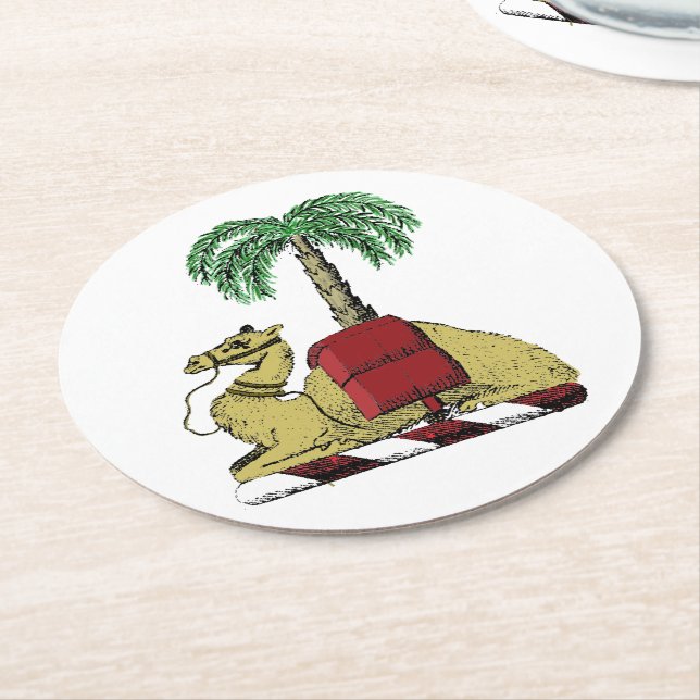 Heraldic Camel Palm Tree Colour Coat of Arms Round Paper Coaster (Angled)