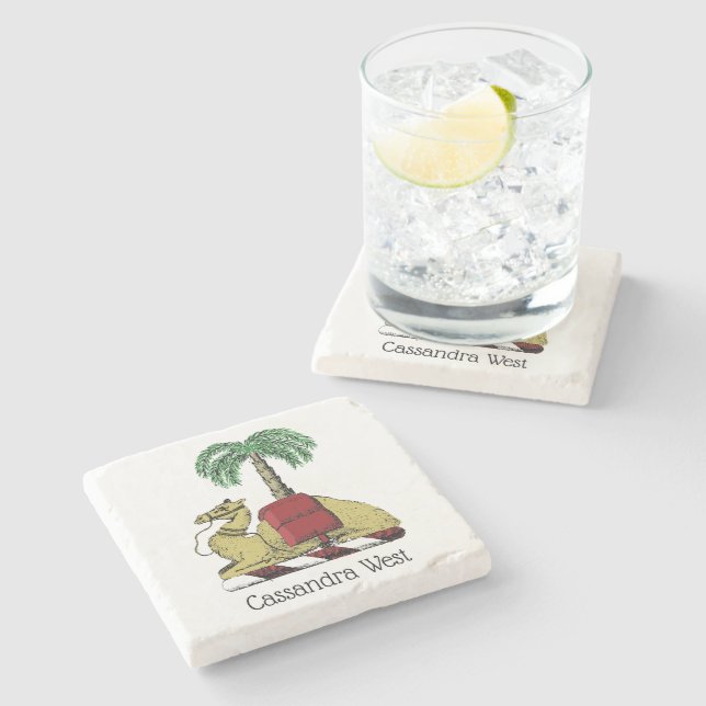 Heraldic Camel Palm Tree Colour Coat of Arms Stone Coaster (Side)
