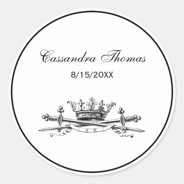 Heraldic Crown Crossed Swords Sabres Emblem Crest Classic Round Sticker (Front)