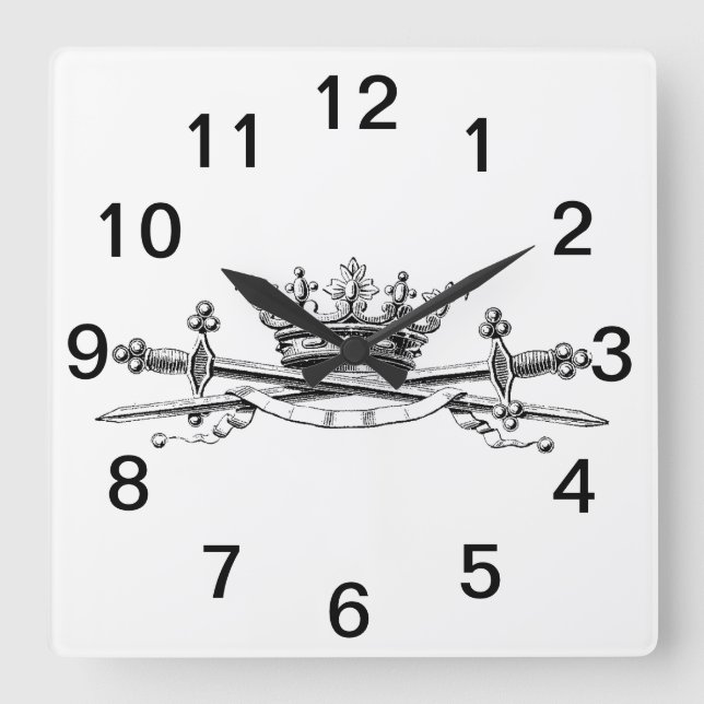 Heraldic Crown Crossed Swords Sabres Emblem Crest Square Wall Clock (Front)