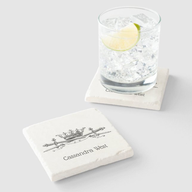 Heraldic Crown Crossed Swords Sabres Emblem Crest Stone Coaster (Side)