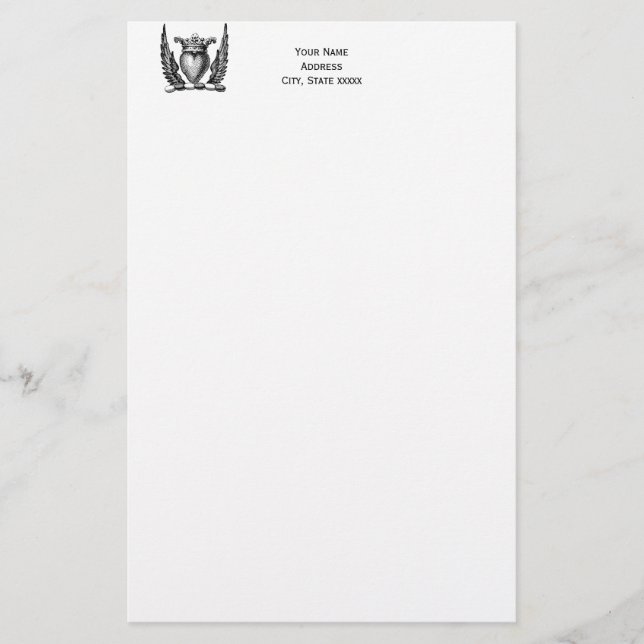 Heraldic Heart with Wings Coat of Arms Crest Stationery (Front)