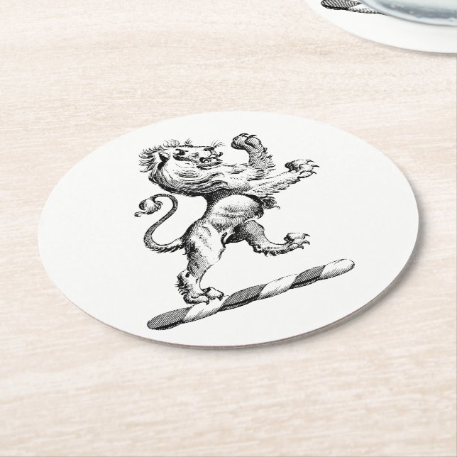 Heraldic Lion Standing Crest Emblem Round Paper Coaster (Angled)