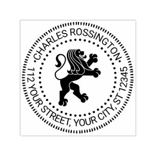 Heraldic Lion Standing Round Name Return Address Self-inking Stamp