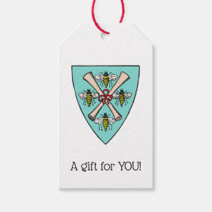 Heraldic Vintage 4 Bees Scrolls on Shield Crest TB Gift Tags