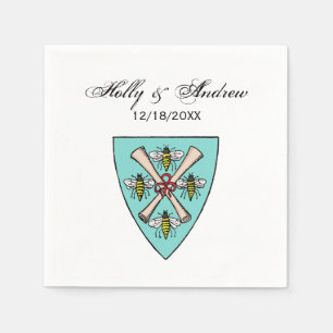 Heraldic Vintage 4 Bees Scrolls on Shield Crest TB Napkin