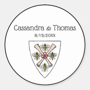 Heraldic Vintage 4 Bees Scrolls on Shield Crest Wt Classic Round Sticker