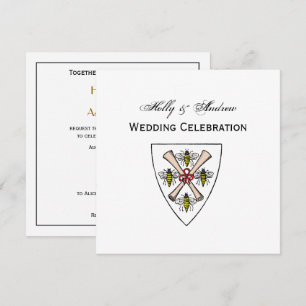 Heraldic Vintage 4 Bees Scrolls on Shield Crest Wt Invitation