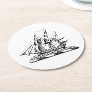 Heraldic Vintage Nautical Clipper Ship Crest Round Paper Coaster