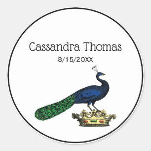Heraldic Vintage Stylised Peacock on Crown C Classic Round Sticker
