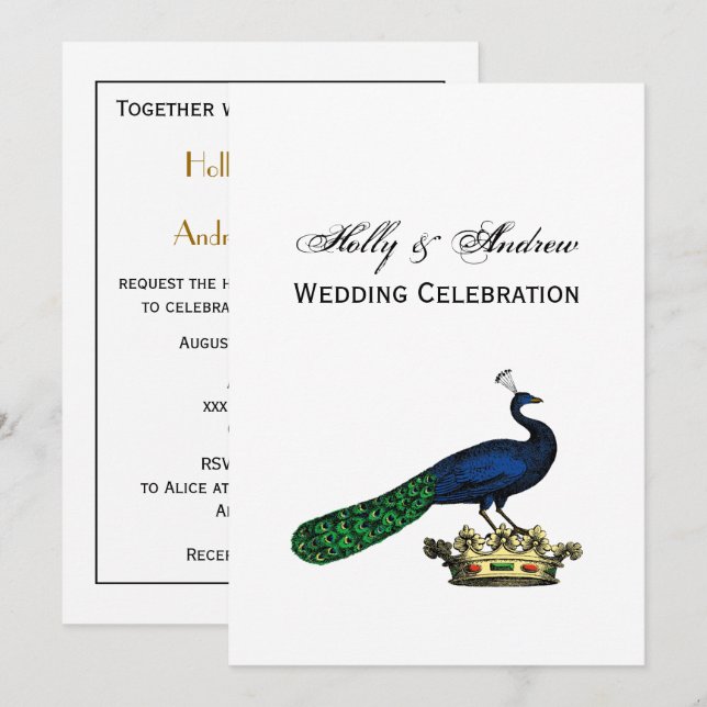 Heraldic Vintage Stylised Peacock on Crown C Invitation (Front/Back)