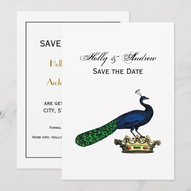 Heraldic Vintage Stylised Peacock on Crown C Invitation (Front/Back)