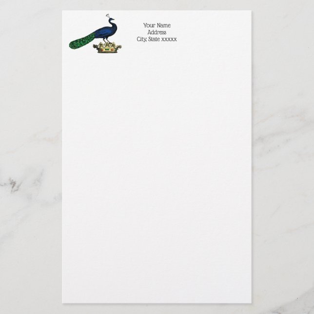 Heraldic Vintage Stylised Peacock on Crown C Stationery (Front)