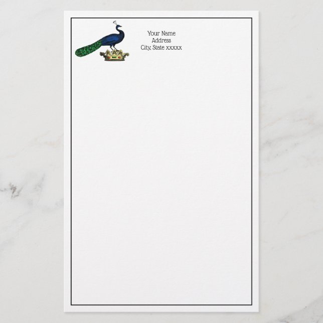 Heraldic Vintage Stylised Peacock on Crown C Stationery (Front)