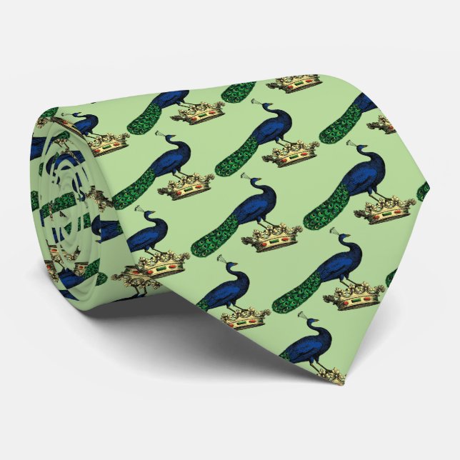 Heraldic Vintage Stylized Peacock on Crown C Tie (Rolled)