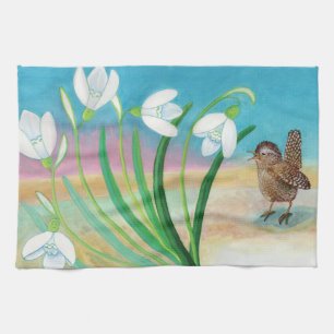 Heralds of spring - Wren bird and snowdrops Tea Towel