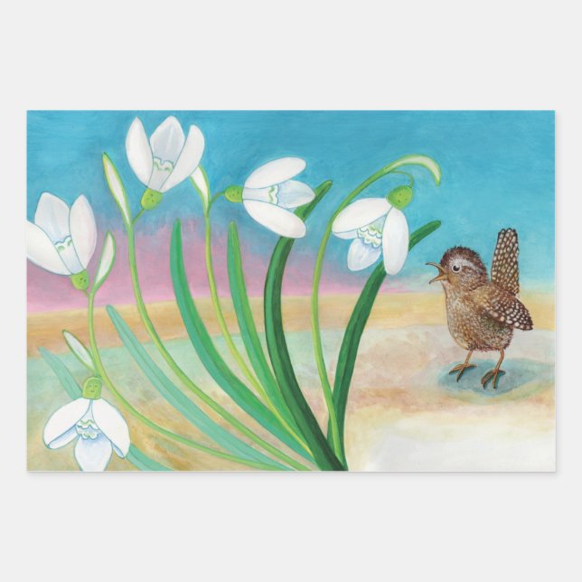 Heralds of spring - Wren bird and snowdrops   Wrapping Paper Sheet (Front)