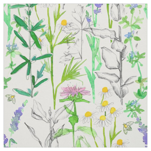 Herb Garden Plants Chamomile Bee Balm Rosemary  Fabric (Swatch)