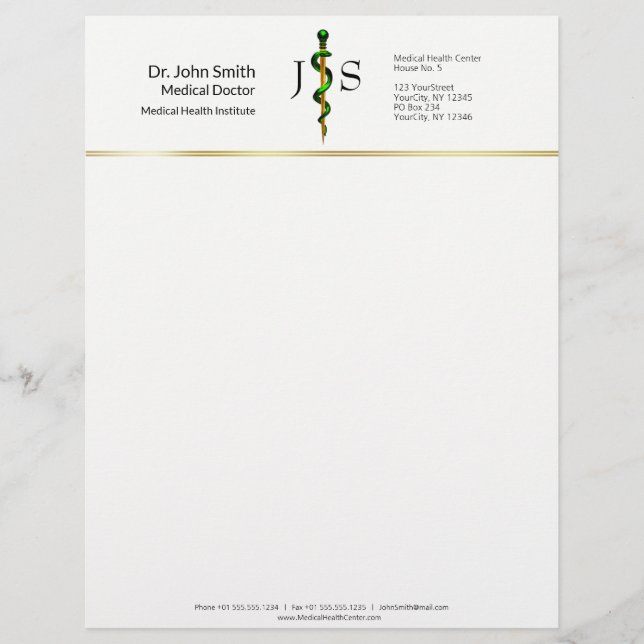 Herbal Gold Rod of Asclepius Green Medical Custom Letterhead (Front)
