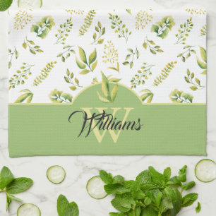 Herbal Green Greenery Pattern Monogram on White Tea Towel