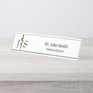 Herbal Green Rod of Asclepius Medical Gold Desk Name Plate