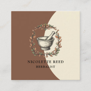 Herbalist Illustrated Mortar Pestle Leafy Vines Square Business Card