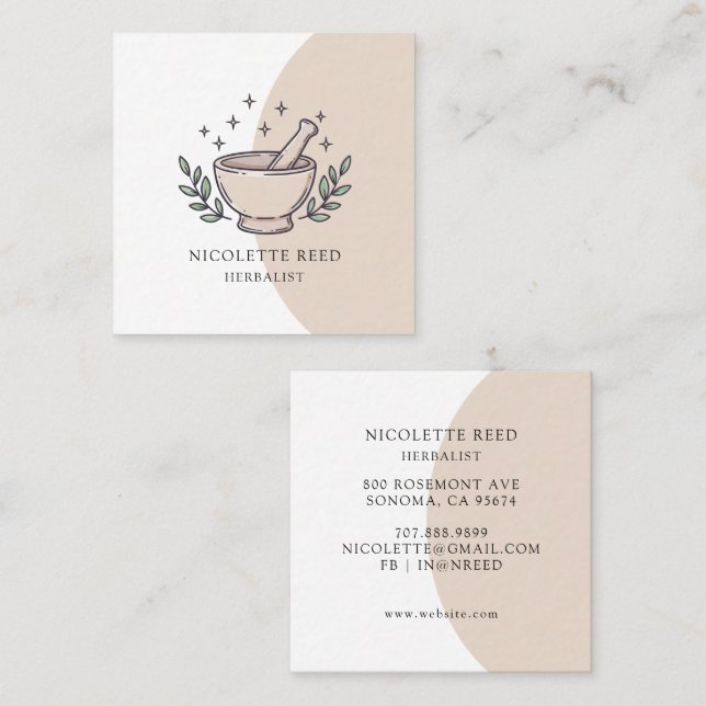 Herbalist Illustrated Mortar Pestle  Square Business Card (Front/Back)