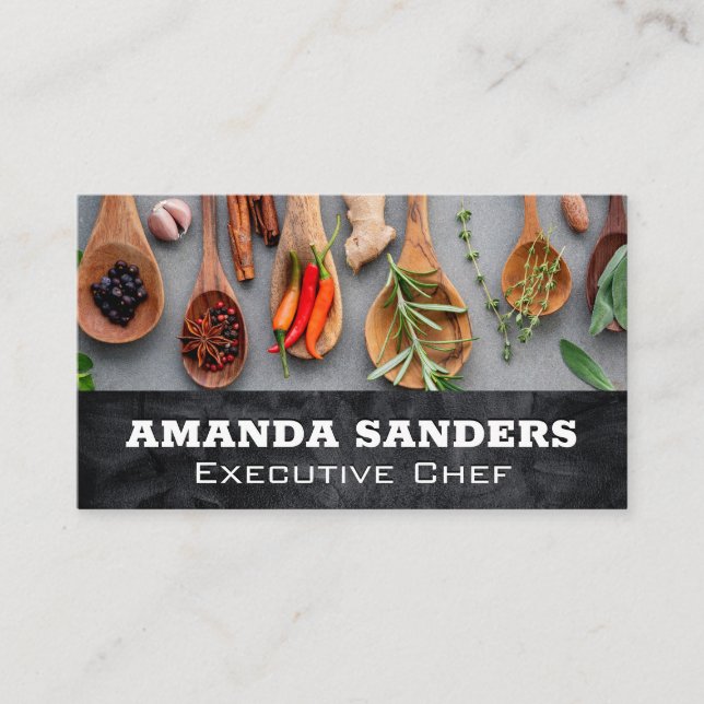 Herbs and Spices on Wooden Spoons | Culinary Business Card (Front)