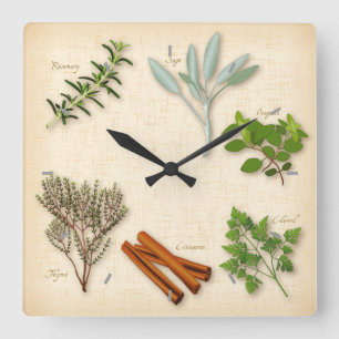 Herbs and Spices, Rosemary, Sage, Thyme, Cinnamon Square Wall Clock