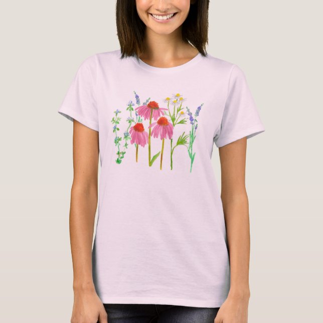 Herbs Chamomile Coneflower Thyme Lavender Flowers  T-Shirt (Front)