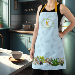 Herbs Dragonflies Monogram Initial Apron
