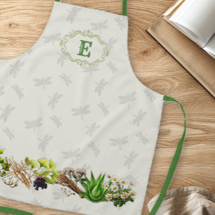Herbs Dragonflies Monogram Initial Apron