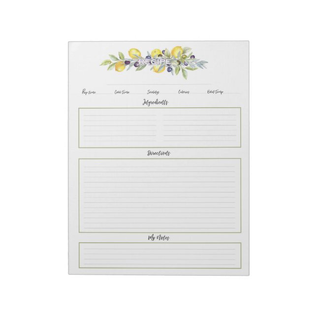 Herbs Lemons Botanical Recipe Organiser Pages Notepad (Rotated)