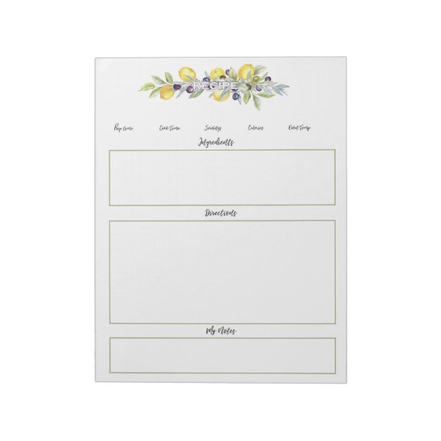 Herbs Lemons Botanical Unlined Recipe Pages Notepad (Rotated)