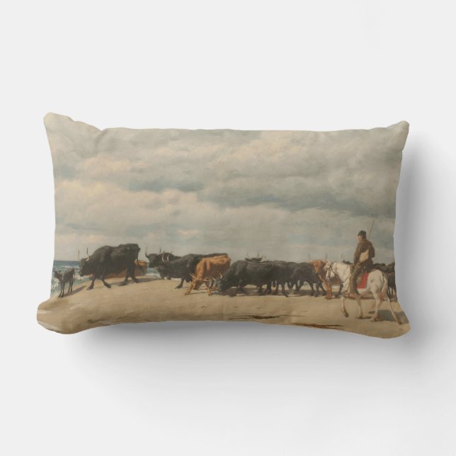 Herd of Cattle Beside the Sea (by Eugène Burnand) Lumbar Cushion (Front)