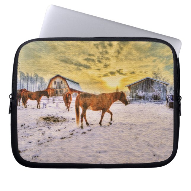 Herd of Horses Chestnut at Sunrise Equine Photo Laptop Sleeve (Front)