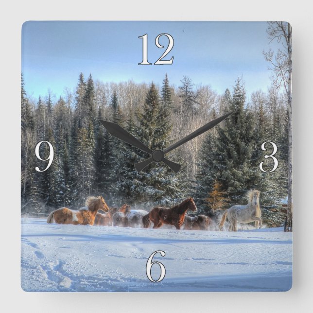 Herd of Horses Running in First Winter Snow Square Wall Clock (Front)