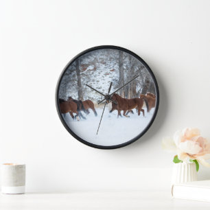 Herd of Horses Running in Snow Clock