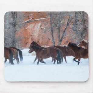 Herd of Horses Running in Snow Mouse Mat