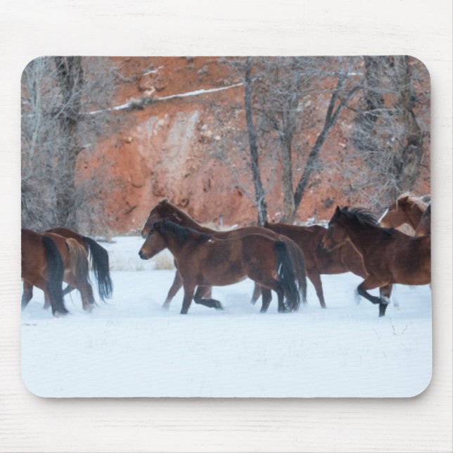 Herd of Horses Running in Snow Mouse Mat (Front)