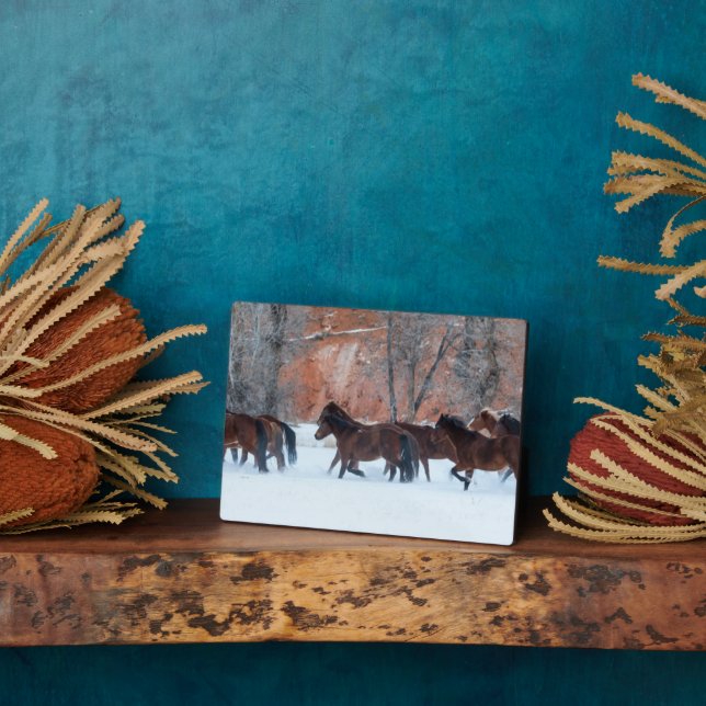 Herd of Horses Running in Snow Plaque (Side)