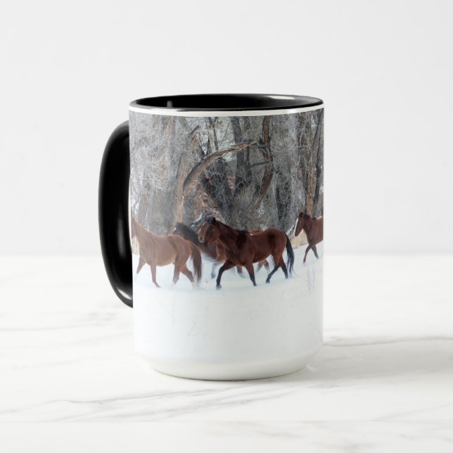 Herd of Horses Running in Winters Snow Mug (Front Left)