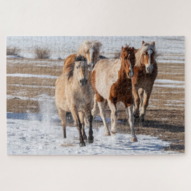 Herd of Mixed Breed Horses Running in the Snow Jigsaw Puzzle (Horizontal)