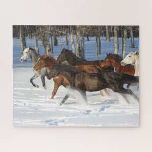 Herd Of Trakehner Horses Running In Snow Jigsaw Puzzle