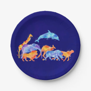 Herd of Wild Animals On Purplish Blue Background Paper Plate