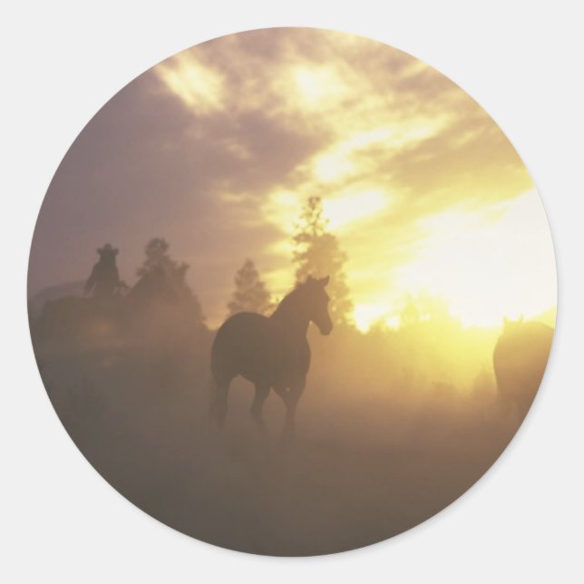 Herding Horses in Sunset Classic Round Sticker (Front)