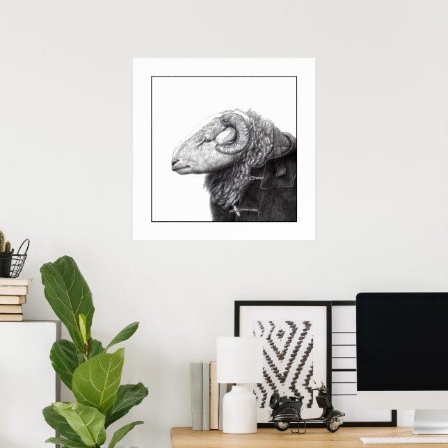 Herdwick Ram in Duffel Coat (Snow) Poster (Home Office)
