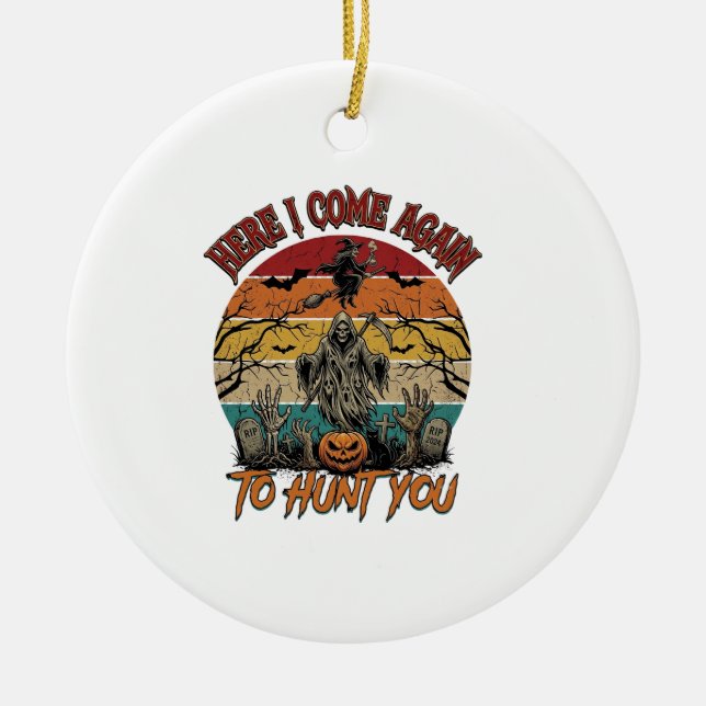 Here Come Again Grim Reaper Halloween Pumpkin_1 Ceramic Tree Decoration (Front)